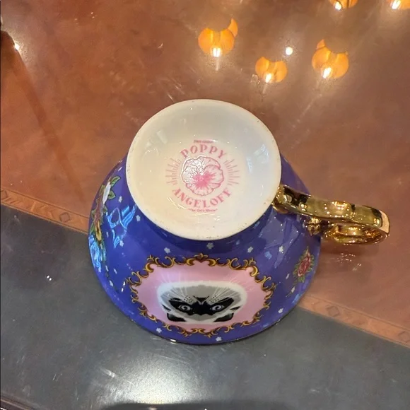 Purple and Gold Cat Teacup and Saucer Drinkware